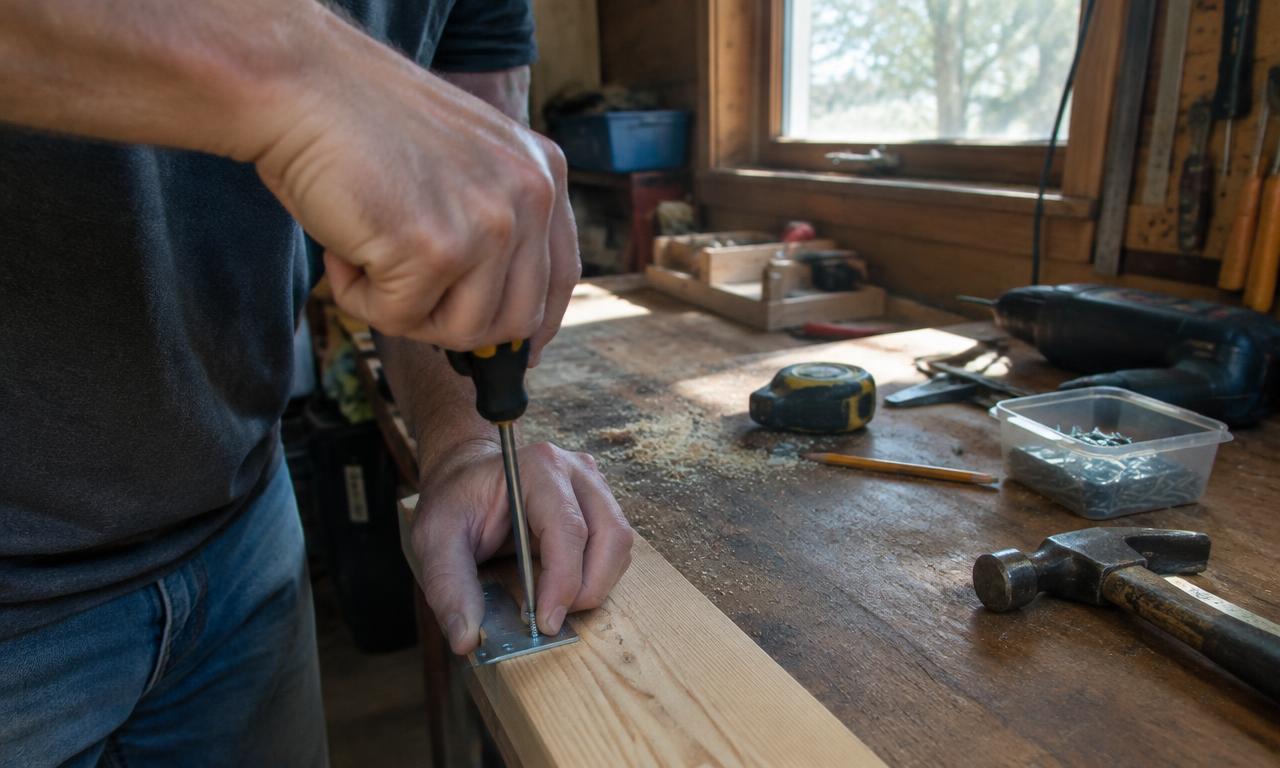 Mains serrant une vis avec un tournevis sur un établi en bois