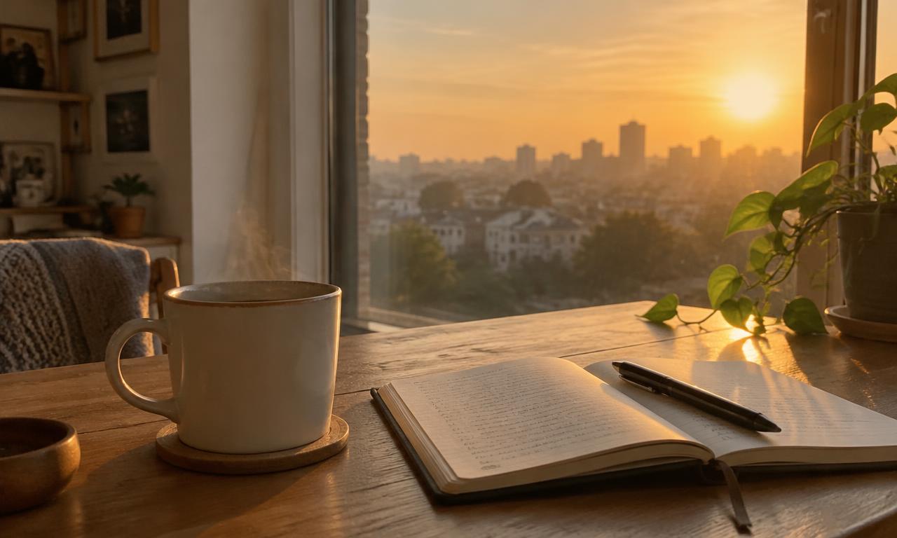 Tasse de café et carnet ouvert près d'une fenêtre au lever du soleil