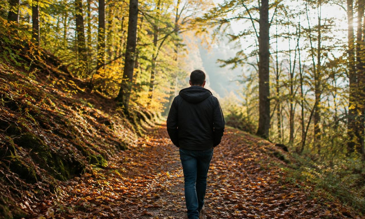Homme marchant seul sur un sentier forestier en automne