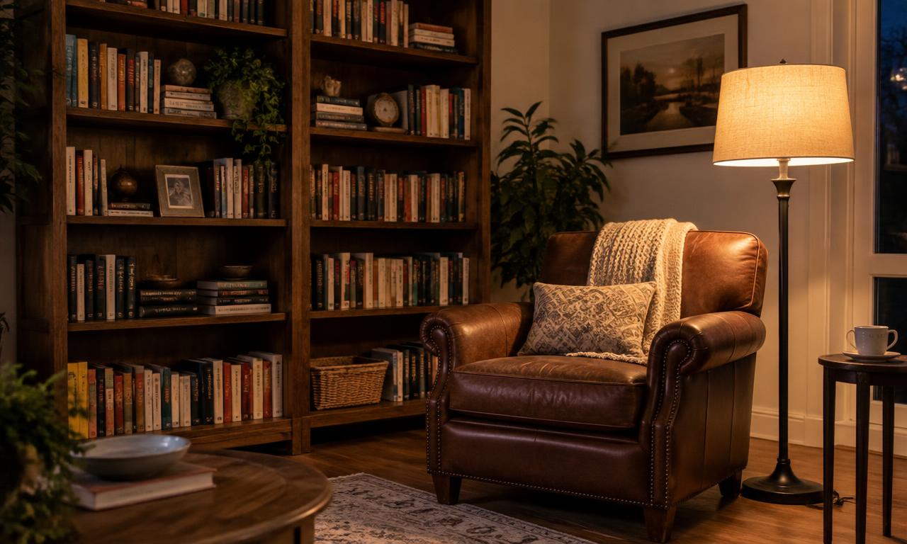 Bibliothèque en bois et fauteuil en cuir sous une lampe chaleureuse