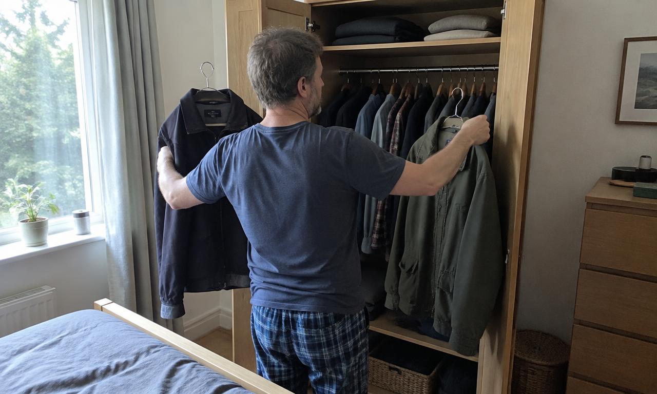 Homme choisissant une veste devant une penderie ouverte